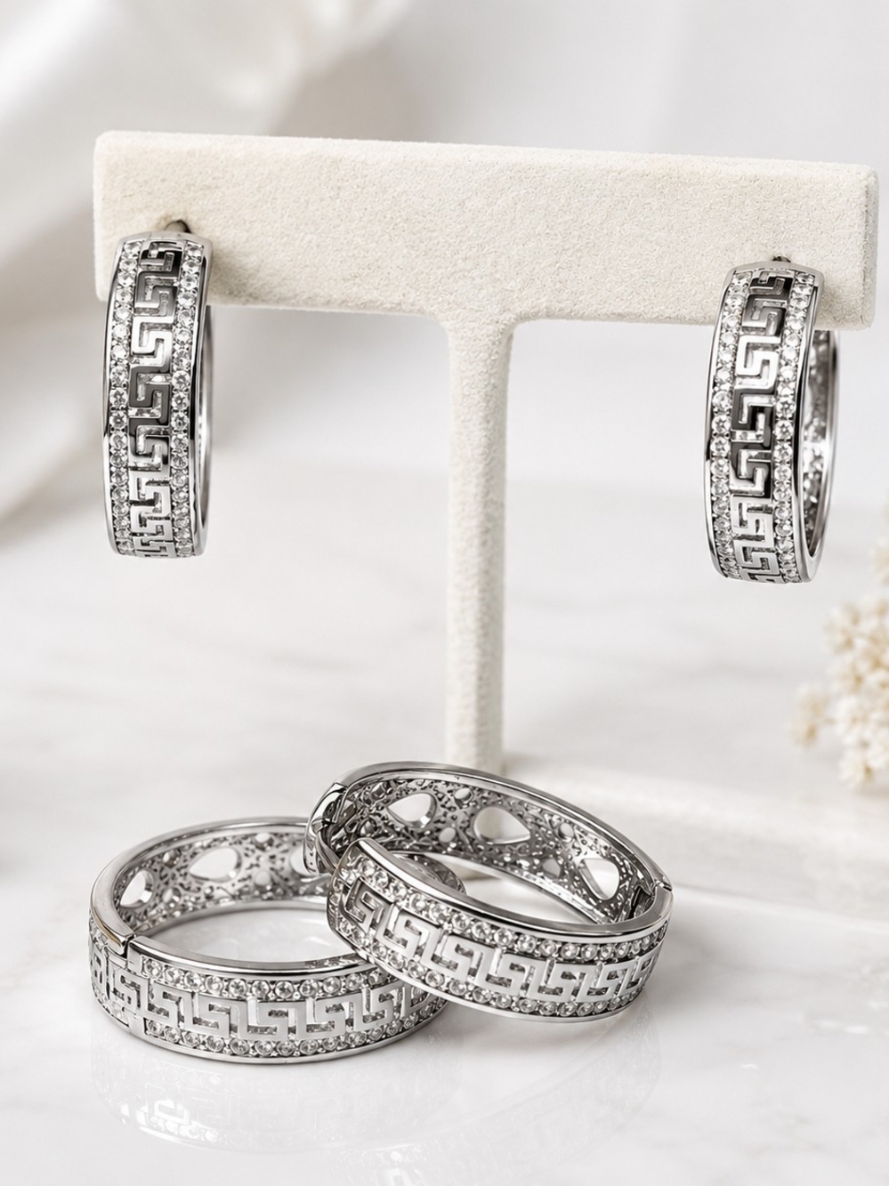 Silver Greek Key Hoop Earrings Rhinestone Accent Hinged Hoops Statement Jewelry